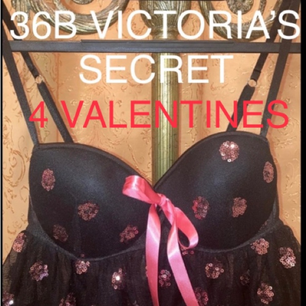 NWT 36B VICTORIA’S SECRET BLACK SEQUIN BABYDOLL RUFFLED LINGERIE ADJUST STRAPS
